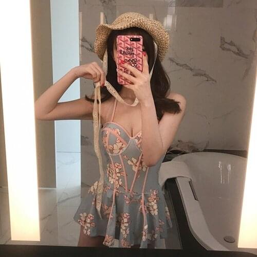 Skirt style one-piece swimsuit with small fragrance and warm spring color matching printing