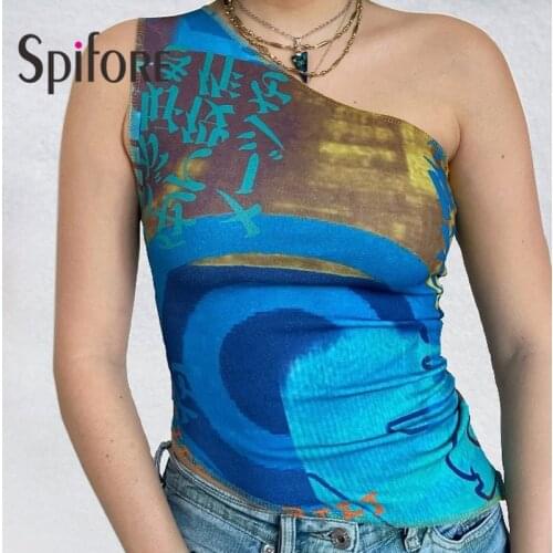 Spifore Abstract Printed Y2K Tank Top One Shoulder Women Summer Club Wear Party Outfits Sleeveless Sexy Tie Dye Crop Top
