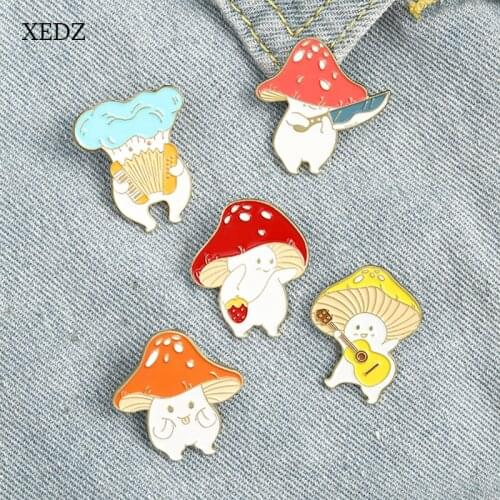 XEDZ Cartoon cute mushroom enamel brooch funny funny guitar accordion pin jewelry gift for kids/friends