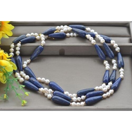 Z10779 17“~58" 30mm Blue Drop Lapis lazuli White Round Pearl Necklace