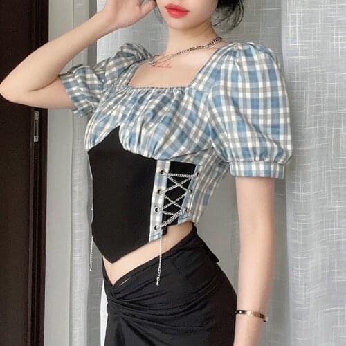 Thorn Tree Plaid Print Patchwork T-shirts Crop Tops Y2K Streetwear 2021 Sexy Women Short Puff Sleeve Side Chain Lace-up T-shirts