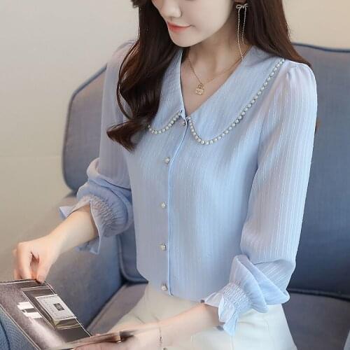 Women Blouses Beaded Lapel Long Sleeve Top Solid Chiffon Shirt Plus Size Women Clothing