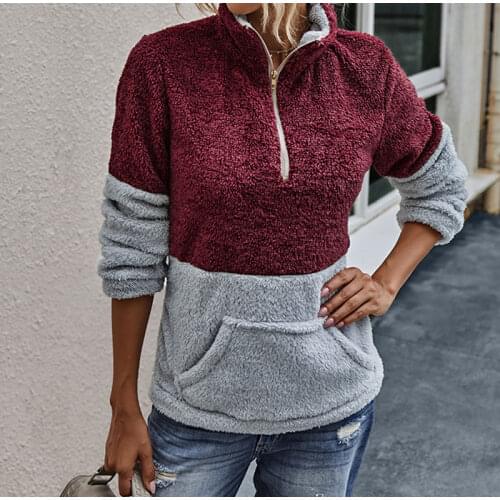 Womens Fleece Warm Sweatshirts Patchwork Zipper Front Pocket Autumn Sweatshirt 2020 Winter Long Sleeve Casual Pullover Female