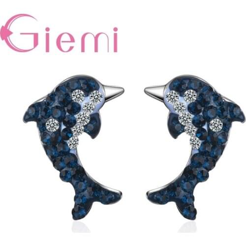 Women Ladies New Fashionable Exquisite Compact Solid 925 Sterling Silver Blue Whale Clear Cubic Zirconia Stud Earrings Jewelry