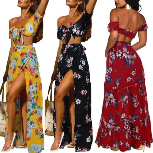 Two Piece Set Women Bohemian Floral Skirts Set Summer Off-shoulder Short Sleeve Tube Tops Ruffle Long Skirt Beach Outfits