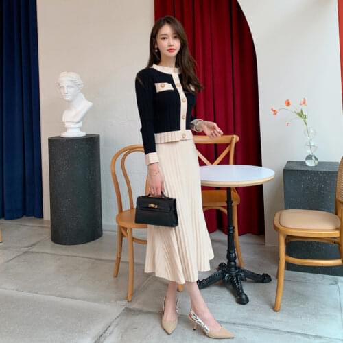 Korean 2 Pieces Knitting Lounge Set O Neck Single Breasted Cardigan Long Sleeve Crop Top High Waist Skirt Hit Color Women Sets