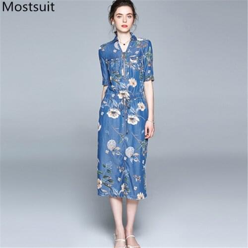 2020 Summer Blue Floral Printed Denim Long Dress Women Short Sleeve V-neck Drawstring Waist Zip-up Fashion Elegant Vestidos