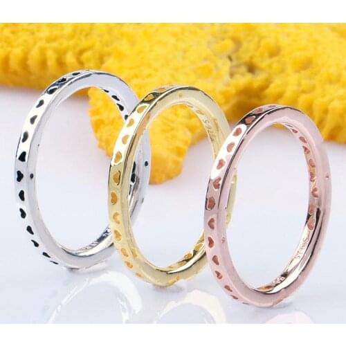 Original Rose Golden Signature Hearts Rings Stack For Women 925 Sterling Silver Ring Wedding Party Gift Fine Europe Jewelry