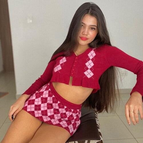 Argyle Knitted Tracksuits Womens Sweaters V Neck Cardigan And Pencil Mini Skirt Autumn Suit 2020 Vintage Plaid Two Piece Set