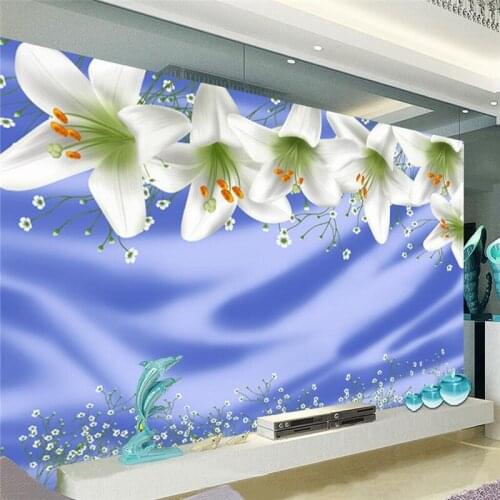 Beibehang modern background large painting White lily blue silk cloth murales de pared 3d wallpaper hotel badroom mural for