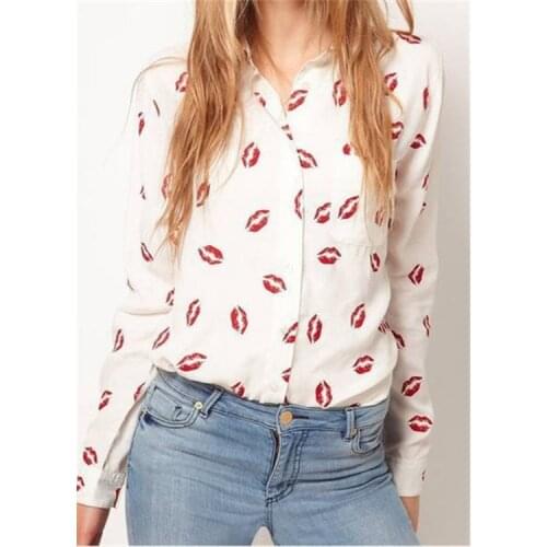 Plus Size Blouse Women Long Sleeve Sexy Tops Blusas Blusa Feminina Ladies Elegant Sexy Lip Print Blusas De Mujer