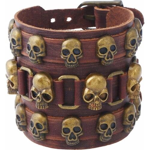 Punk Genuine Leather Bracelet Men Skeleton Wide Leather Bangles Adjustable Buckle Wrap Bracelets Jewelry Black Brown Optional