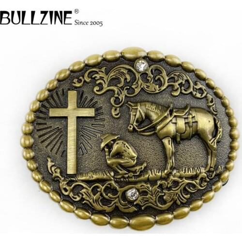 Bullzine zinc alloy heavy western horse belt buckle pewter finish FP-03565-1 LUXURIOUS cowboy jeans gift belt buckle