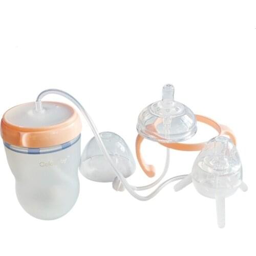 250ml Wide Mouth Handless Newborn Milk Bottle Self-Feeding Baby Bottle with Long Straw Tube Silicone Sippy Kids Cup