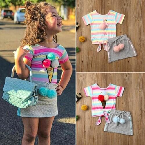 Toddler Baby Girl Kids Summer Clothes Plush ball T-shirt Top Skirt Outfit Set