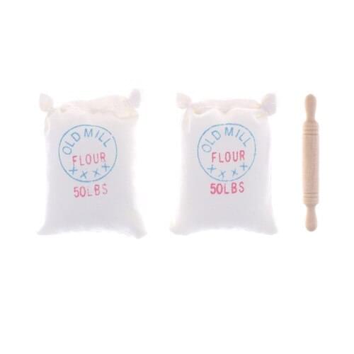 DIY Hut Doll House Mini Food Accessories 1:12 D Dollhouse Miniatures Model Two Bags Flour And Rolling Pin Toy