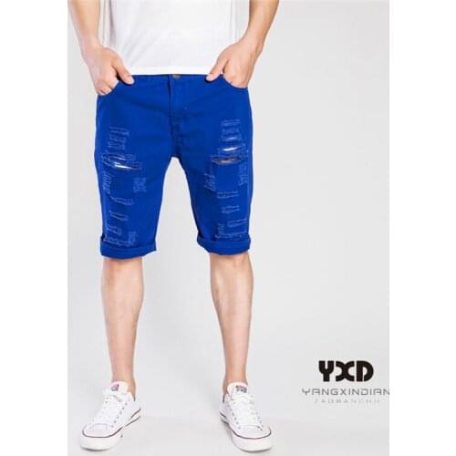 2021 New Fashion Mens Ripped Beggar Jeans For Men Brand Clothing Summer Streetwear Cotton Breathable Denim Shorts Male Red Blue
