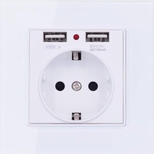 EU Standard Wall Electrical Power Socket with Dual Usb Ports Tempered Glass