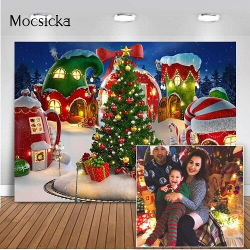 Cartoon Christmas Village Photography Backdrop Winter Snow Pine Tree Background Xmas Fairy Tale Animated Kid Party Photo Banner