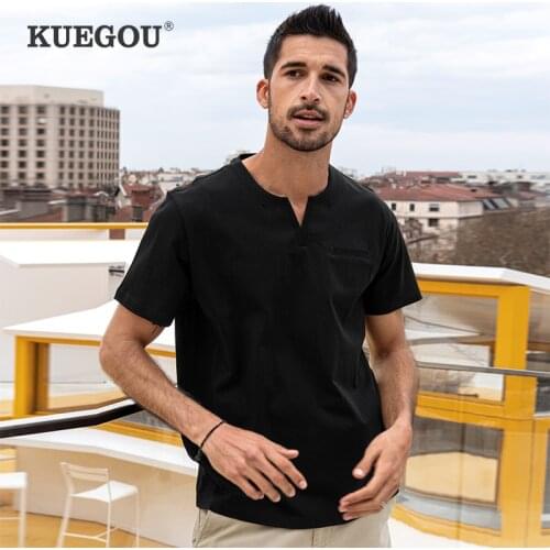 KUEGOU 100% Cotton Tee V-Neck Mens T-shirt Short Sleeve Fashion Solid Color Tshirt Summer High Quality Top Plus Size ZT-90031