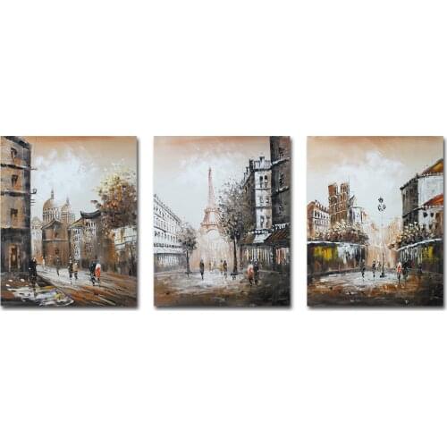 Muzagroo Art Handmade Paris Oil Paintings EiffelTower Wall Art for Living Room Canvas Art European Street View 3 Panels Decor