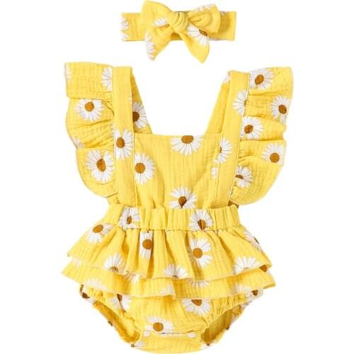 New Baby Girls Two-piece Clothes Set Floral Printed Pattern Sleeveless Romper + Headdress Pink/ Yellow/ Blue