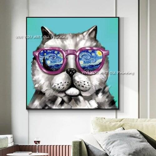 Colorful 100% Handmade Animals Fun Art Cat Canvas Oil Painting Art Posters Wall Art Pictures for Living Room Home Decoration