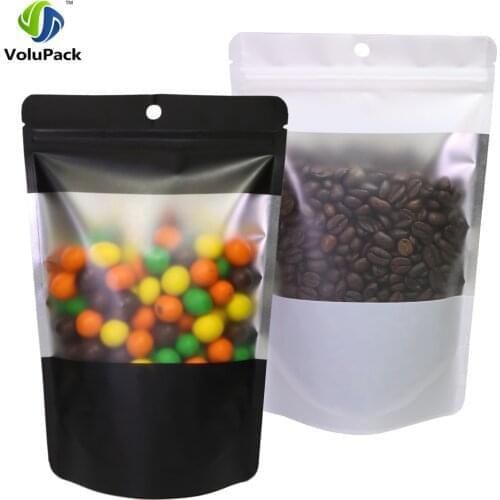 14x21cm(5.5x8.25in) Matte White/ Black Clear Front Zip Lock Stand Up Pouches Hang Hole Coffee Bean Food Storage Bags 100pcs