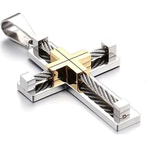 Fashion Punk Male Cross Jesus Men Pendant Color Gold Stainless Steel Cable Wire Jesus Rope Cross Pendant Necklace Jewelry