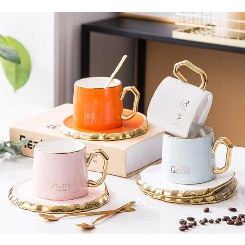 Ceramics Gold Rim Coffee Cup And Saucer Set Gold Handle Tea Juice Drink Water Cup Breakfast Milk Mug Couple Cup Friends Gift