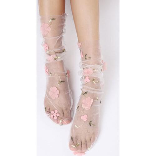 Lace Short Socks Women Floral Transparent Socks Nylon Japanese Style Kawaii Mesh Socks Cute Skarpetki Damskie