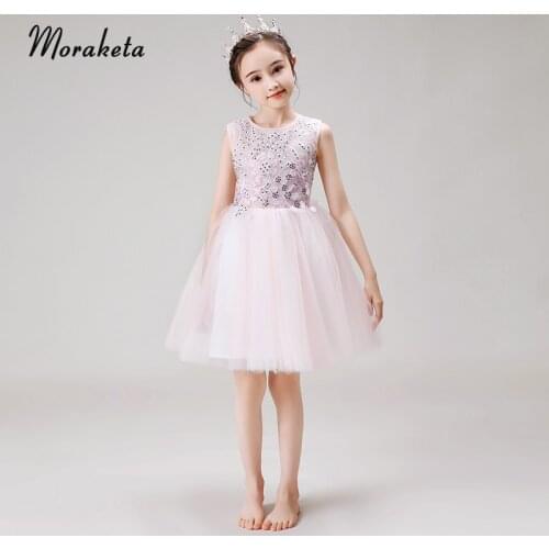 Princess Pink Girls Dresses For Birthday Elegant O-neck Sleeveless Knee-length Short Tulle Flower Girl Dresses