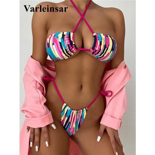Sexy Colorful Halter Mini Thong Bikini Women Swimwear Female Swimsuit Two-pieces Bikini set Bather Bathing Suit Swim Lady V3016