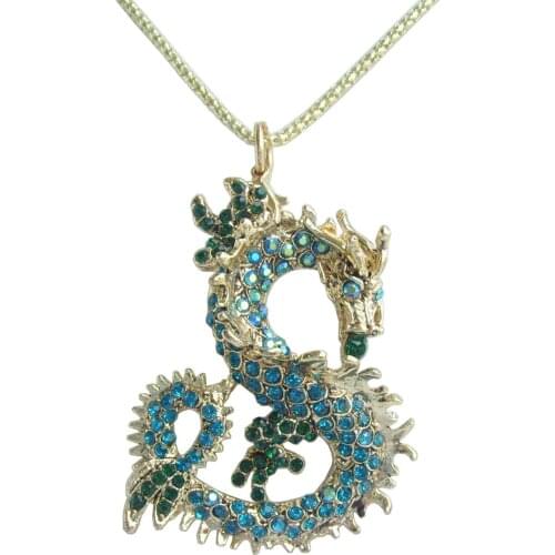 Unique Animal Dragon Necklace Pendant Green Blue Rhinestone Crystal NL02980C1
