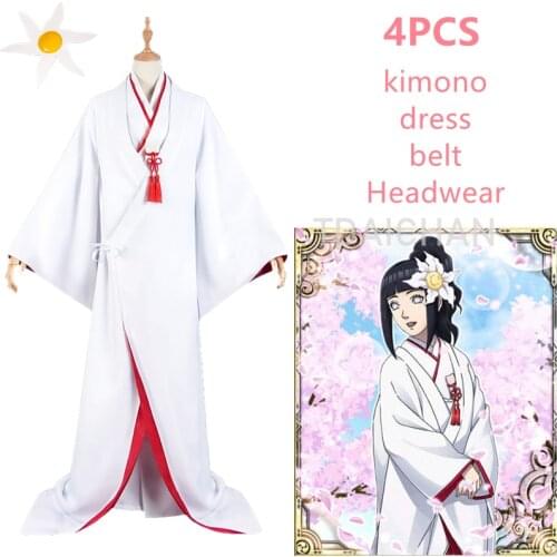 Anime BORUTO Cosplay Costumes Hinata Hyuga Wedding Dress White Kimono Flower Hairpin Women Clothes S-XXL Accessories for Girls