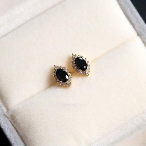 Morivovog 925 Sterling Silver Oval Black Agate Stud Earrings for Women 14K Gold Zircon Luxury Girls Earrings Hawaiian Jewelry