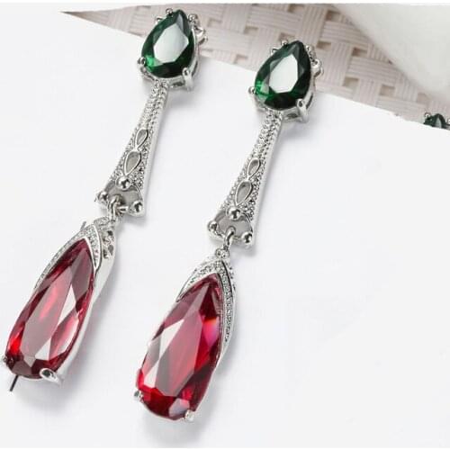 Fashion 925 Sterling Silver Waterdrop Blue red Zircon Long Earrings for Women Wedding Jewelry Girl Gift Pendientes Oorbellen