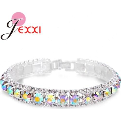 Fashion 925 Sterling Silver Buckle Bracelets Full AAA Zircon Austrian Crystal Femme Women Link Chain Jewelry Bangles 14 Colors
