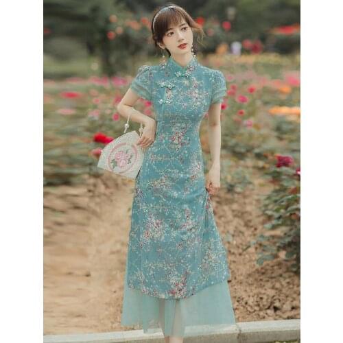 2021 Summer New Womens Dress Chinese Style Retro Beaded Buckle Floral Net Yarn Mid-Length Dress Daily Casual Cheongsam Dress