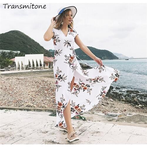 New Women Summer Boho Beach Maxi Dress 2019 Vacation Sexy V Neck Vintage Print Long Dresses Casual Sundress Dress vestidos