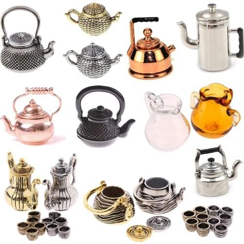 Mini Metal Kettle Simulation Furniture Tea Pot Kitchen Model Toys for Doll House Decoration 1/12 Dollhouse Miniature Accessories