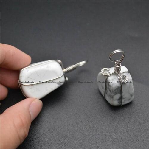1pc Natural Howlite Stone Metal Wire Wrapped Rectangle Shape Chequered with Black and White Pendant Jewelry Fits Necklace Making