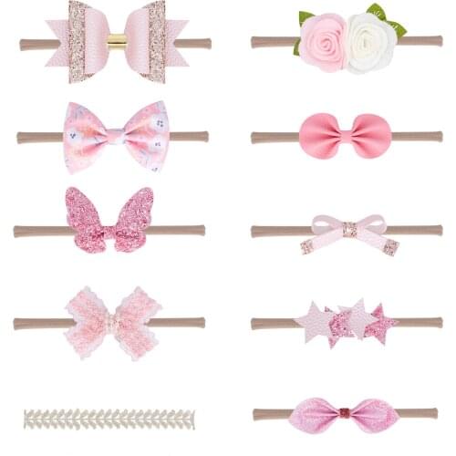 10pcs/lot Newborn Infant Glitter Bowknot Headband Cute Bunny Ears Hairband Nylon Elastic Headwear Baby Girl Pink Accessories Set