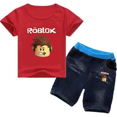2021 New Summer Baby Boy Clothes Cartoon ROBLOXONG Print Kid Girl Children Cotton Top Tee Short Sleeve T Shirt+Jeans 2Pcs Set