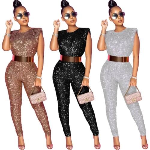 2021 New Womens One-Piece Trousers Fashion Sequins Sexy Bar Party Sleeveless One-Piece Pants Without Belt Nightclub Overalls