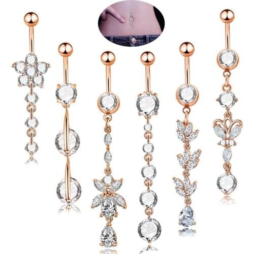 6Pcs/Set Fashion Personality Sexy Zircon Flower Butterfly Dangle Belly Rings for Women Body Piecing Jewelry