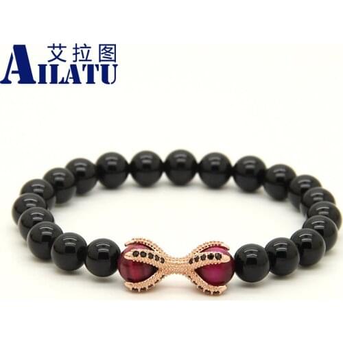 Ailatu Natural Black Onyx with Roseo Tiger Eye Stone Micro Inlay Black CZ Beads Eagle Claw Beaded Bracelets Animal Shape
