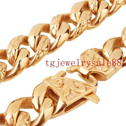 Gold Color 14mm Wide Stainless Steel Casting Cuban Curb Link Chain Mens Bracelet Or Necklace Jewelry 7-40inch Flower Buckle