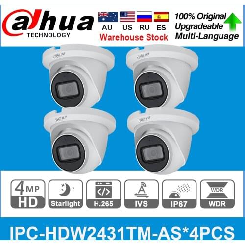 Dahua Original IPC-HDW2431TM-AS 4MP HD POE Built in MiC SD Card Slot H.265 IP67 30M IR Starlight IVS Dome IP Camera 4PCS/lot