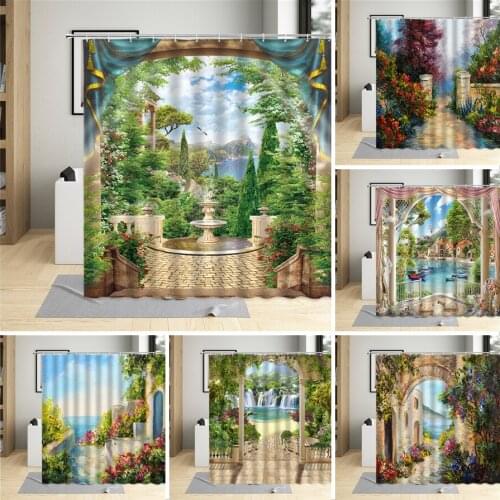 Bathroom Decor Shower Curtain Retro Castle Fountain Landscape Curtains Oil Painting Town Flower Plant Scenery Bathtub Wall Cloth